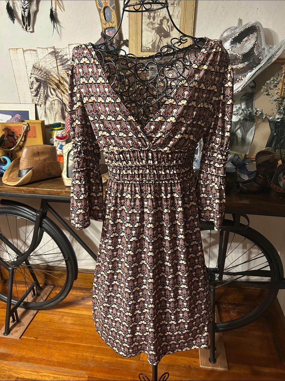 Max Studio Maroon Geometric V-Neck Smocked Waist Dress